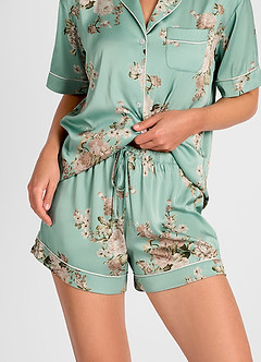 front Satin Printed Piping Pajama Set