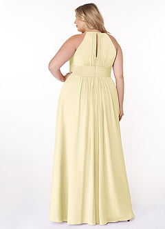 Azazie Bonnie Vestidos de damas de honor Vestido de Sorbete De Limón de Gasa de Corte en A con Cuello de pico fruncido image7