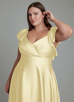 Azazie Leilani Bridesmaid Dresses Lemon Sorbet A-Line Ruched Stretch Satin Dress image12