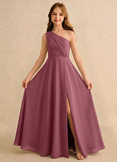 Azazie Puddles Girls Formal Robe Demoiselle D'honneur Fillette Robe Trapèze en Mousseline de soie Asymétrique Rose Du Désert image5