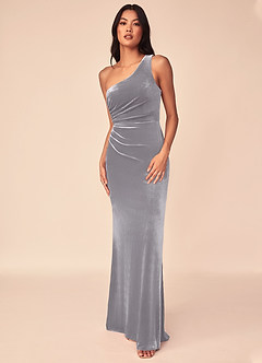 Azazie Argan Bridesmaid Dresses French Lilac A-Line One Shoulder Pleated Velvet Dress image4