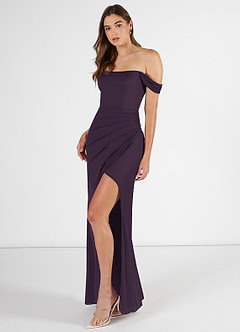 Azazie Kit Bridesmaid Dresses Plum Mermaid Off the Shoulder Mesh Dress image3