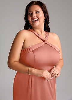 Azazie Rue Vestidos de damas de honor Vestido de Rosa Salmón de Satén Elástico de Corte Sirena con Plisado image13