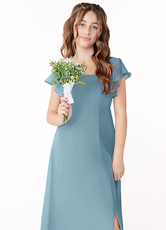 Azazie Bondi Junior Moody Blue A-Line Bow Chiffon Dress image4