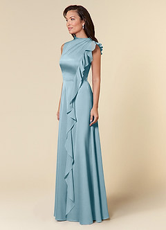 Azazie Narine Mother of the Bride Dresses Moody Blue A-Line High Neckline Pleated Stretch Satin Dress image2