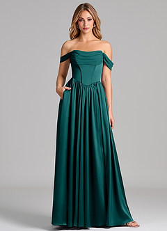 Azazie Raisa Abiti da Damigella Abito A-Line in Raso Elasticizzato a Spalla Scoperta Verde Pavone image1