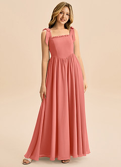 Azazie Delia Junior Robe Trapèze en Mousseline de soie Arc Rose Saumon image1