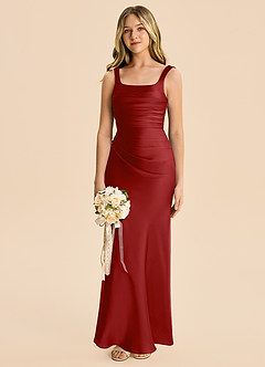 Azazie Agustina Junior Pomegranate Sheath Pleated Stretch Satin Dress image4