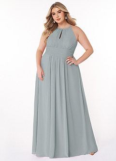 Azazie Bonnie Vestidos de damas de honor Vestido de Gris Delfín de Gasa de Corte En A con Cuello de pico fruncido image6