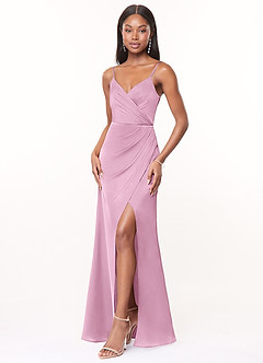 Azazie Maci Bridesmaid Dresses Candy Pink A-Line V-Neck Pleated Stretch Satin Dress image3