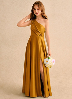 Azazie Puddles Girls Formal Flower Girl Klänningar Klä A-Line i Stretch Satin Ena axeln image3