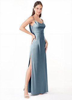 Azazie Alaija Vestidos de damas de honor Vestido de Azul Polvoriento de Satén Elástico de Corte Sirena con Corte Lateral image3