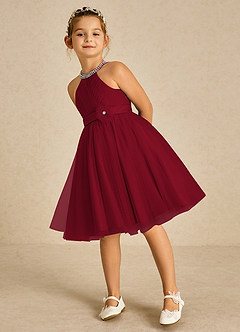 Azazie Honey Flower Girl Dresses Burgundy A-Line Beaded Matte Satin Dress image5