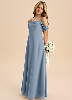 Azazie Anselie Junior Robe Trapèze en Mousseline de soie Épaule décolletée Bleu Poussiéreux image5