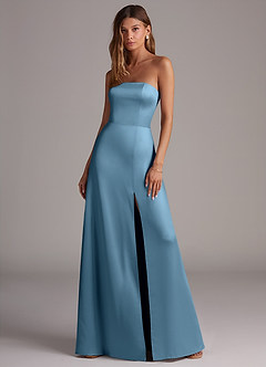 Azazie Wren Jurken voor bruidsmeisjes Converteerbaar Jurk van Stretch Satijn met A-Lijn Strapless Staal Blauw image1