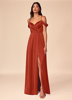 Azazie Ocean Bridesmaid Dresses Rust A-Line V-Neck Pleated Stretch Satin Dress image1