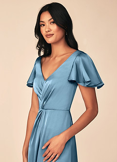Azazie Soren Bridesmaid Dresses Steel Blue A-Line Pleated Stretch Satin Dress image7