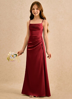 Azazie Shyla Girls Formal Robe Demoiselle D'honneur Fillette Robe Fourreau en Satin extensible Plissé Écarlate image3