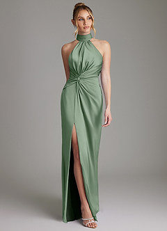 Azazie Gracelynn Bridesmaid Dresses Matcha Sheath Pleated Stretch Satin Dress image1