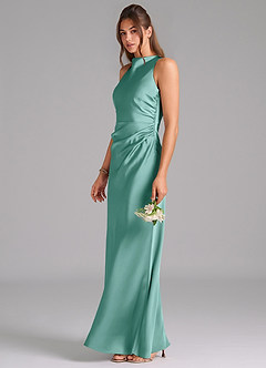 Azazie Evadne Bridesmaid Dresses Aqua A-Line Pleated Stretch Satin Dress image1
