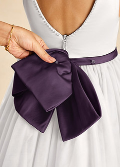 Azazie Seline Flower Girl Dresses Ivory Plum A-Line Bow Tulle Dress image3