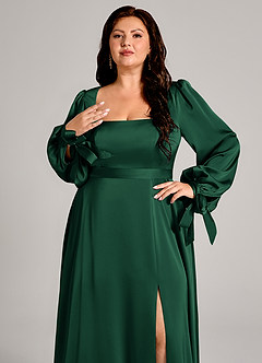 Azazie Leonia Vestidos de damas de honor Vestido de Verde Oscuro de Satén Elástico de Corte en A con Manga larga image2