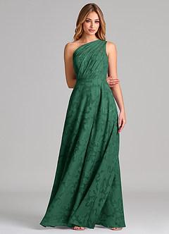 Azazie Phaedra Bridesmaid Dresses Dark Green A-Line One Shoulder Floral Burnout Dress image4
