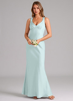 Azazie Kamila Bridesmaid Dresses Sea Glass A-Line Pleated Stretch Satin Dress image4