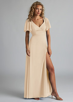 Azazie Induh Bridesmaid Dresses Champagne A-Line Flutter V-neck Mesh Dress image3
