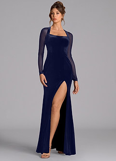 Azazie Megan Bridesmaid Dresses Dark Navy Mermaid Long Sleeve Mesh Dress image4