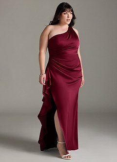 Azazie Latrice Bridesmaid Dresses Burgundy Sheath One Shoulder Cascading Ruffles Stretch Satin Dress image9