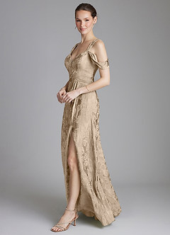 Azazie Emoria Vestidos de madrinha de casamento Vestido Jacquard Taupe de Jacquard de Linha A com Fora do ombro image7