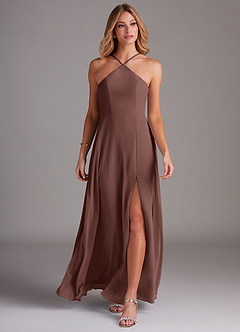 Azazie Bailey Bridesmaid Dresses Espresso A-Line Halter Side Slit Chiffon Dress image4