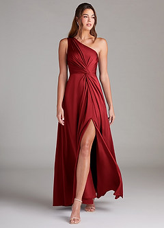 Azazie Brooke Robes de demoiselle d'honneur Robe Trapèze en Satin extensible Une épaule Écarlate image4
