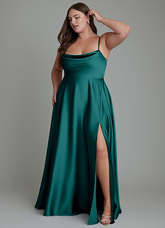 Azazie Elle Bridesmaid Dresses Peacock A-Line Pleated Stretch Satin Dress image11