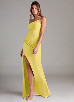 Azazie Eren Vestidos de damas de honor Vestido de Canario de Gasa de Corte Recto con Hombro unilateral image5