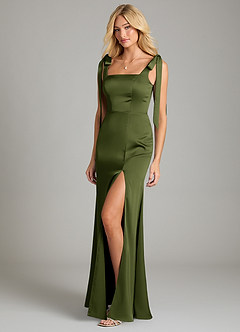 Azazie Frostine Vestidos de damas de honor Vestido de Oliva de Satén Elástico de Corte en A con Lazo image1