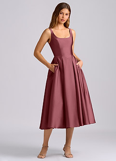 Azazie Amalie 신부 들러리 드레스 A라인 주름진 스트레치 새틴 티 길이 드레스 image3