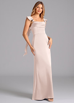 Azazie Adi 신부 들러리 드레스 A라인 주름진 스트레치 새틴 바닥 길이 드레스 image3