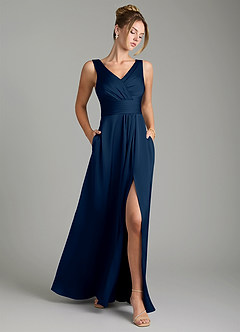 Azazie Karina Robes de demoiselle d'honneur Robe Trapèze en Satin extensible Plissée Bleu Marine Foncé image1