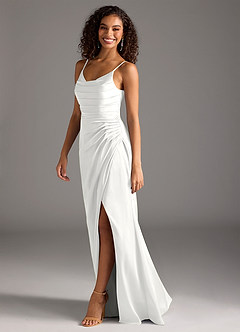 Azazie Deandra Vestidos de damas de honor Vestido Blanco de Satén Elástico de Corte Sirena con Plisado image4