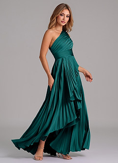 Azazie Lyrica Bridesmaid Dresses Peacock A-Line One Shoulder Stretch Satin Dress image3