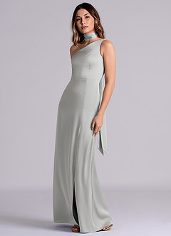 Azazie Philana 신부 들러리 드레스 A라인 한쪽 어깨 스트레치 새틴 바닥 길이 드레스 image6