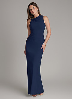 Azazie Charice Bridesmaid Dresses Dark Navy Sheath Pleated Chiffon Dress image1