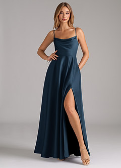 Azazie Elle Vestidos de damas de honor Vestido Azul Marino Oscuro de Satén Elástico de Línea A con Plisado image3
