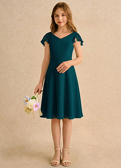 Azazie Narin Girls Formal Robe Demoiselle D'honneur Fillette Robe Trapèze en Mousseline de soie avec manches Vert Pin image3