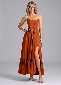Azazie Leilana Vestidos de damas de honor Vestido de Naranja Quemada de Satén Elástico de Corte en A con Corsé image4