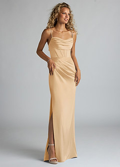 Azazie Mai Bridesmaid Dresses Gold Sheath Pleated Stretch Satin Dress image3