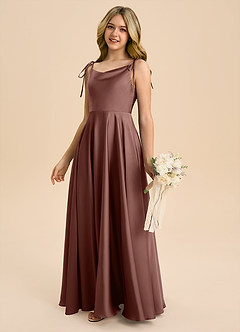 Azazie Popsy Junior Espresso A-Line Bow Stretch Satin Dress image7