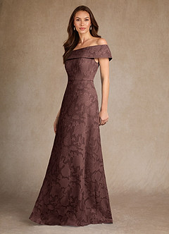 Azazie Medford Final Sale Espresso A-Line Off the Shoulder Floral Burnout Dress image2